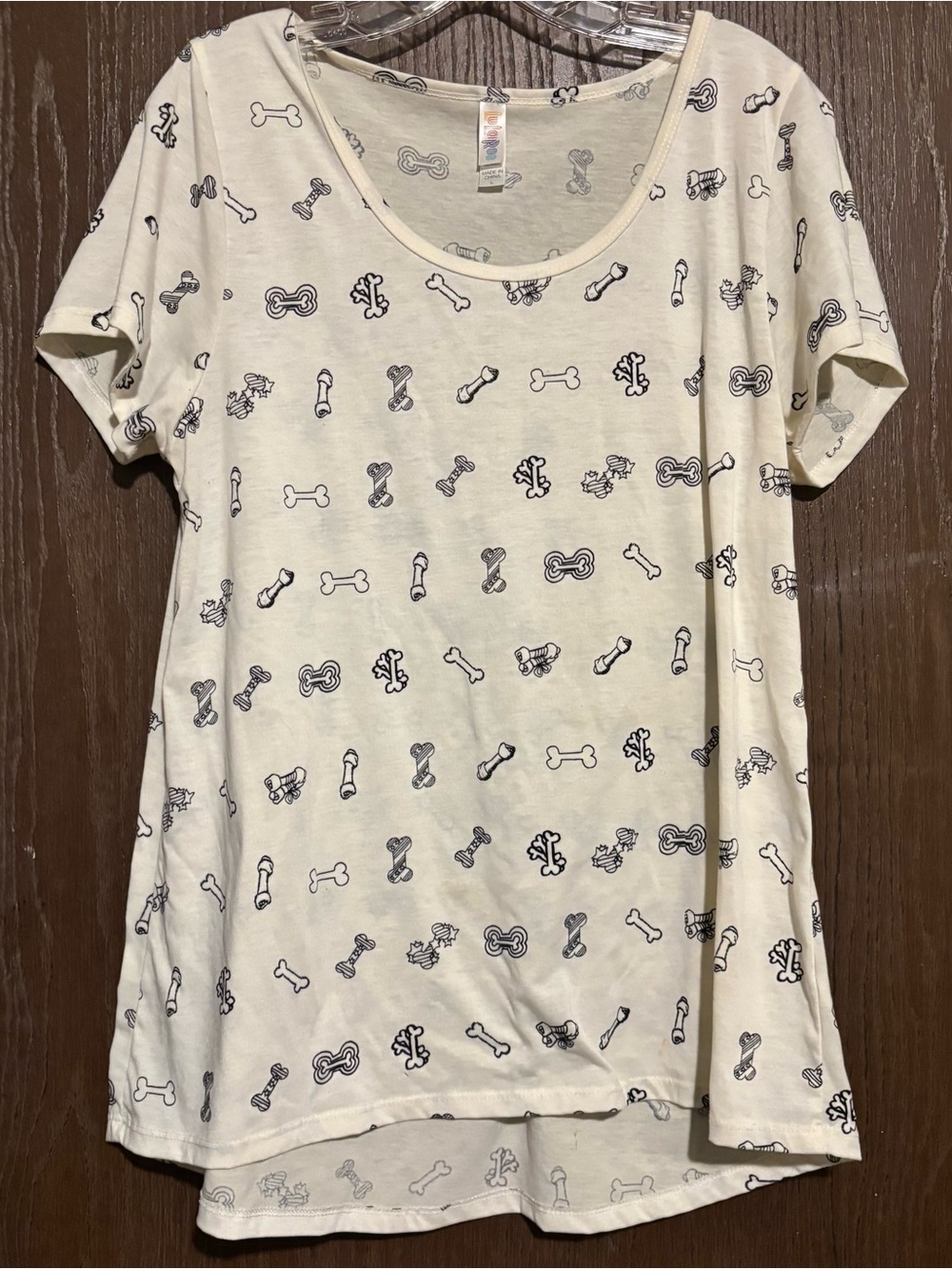 LuLaRoe Cream Short-Sleeve Tee with Black Bone & Toy Print